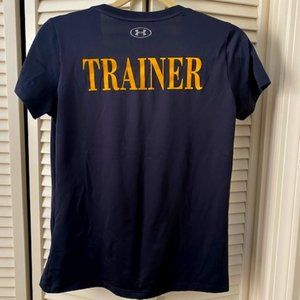 Under Armour size small black fitted shirt-Gold's Gym logo front; "Trainer" back